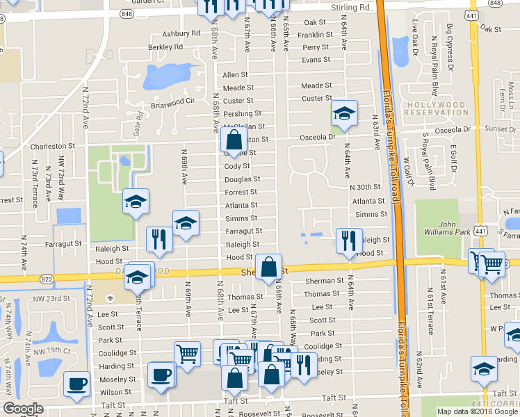 map of restaurants, bars, coffee shops, grocery stores, and more near 6611 Atlanta Street in Hollywood