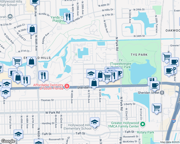 map of restaurants, bars, coffee shops, grocery stores, and more near 3651 Farragut Street in Hollywood