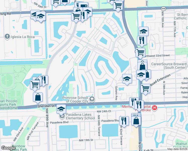 map of restaurants, bars, coffee shops, grocery stores, and more near 3113 Northwest 83rd Way in Pembroke Pines