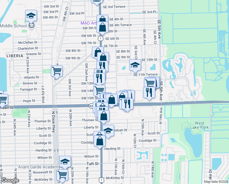 map of restaurants, bars, coffee shops, grocery stores, and more near 36 Southeast 13th Terrace in Dania Beach