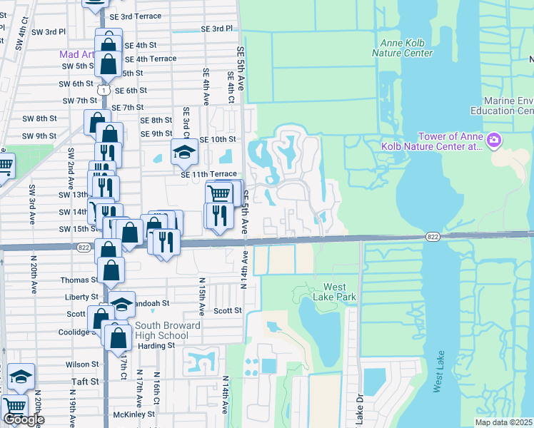map of restaurants, bars, coffee shops, grocery stores, and more near 529 East Sheridan Street in Dania Beach