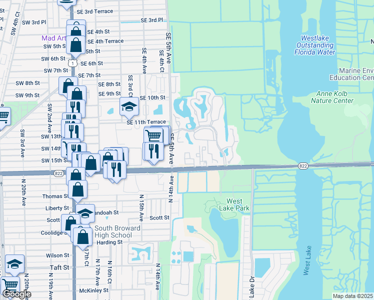 map of restaurants, bars, coffee shops, grocery stores, and more near 619 East Sheridan Street in Dania Beach