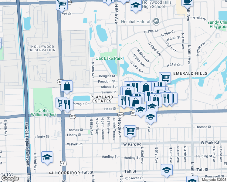 map of restaurants, bars, coffee shops, grocery stores, and more near in Hollywood