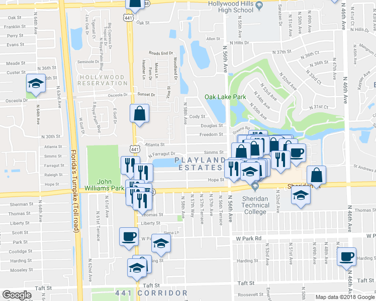 map of restaurants, bars, coffee shops, grocery stores, and more near 5730 Atlanta Street in Hollywood