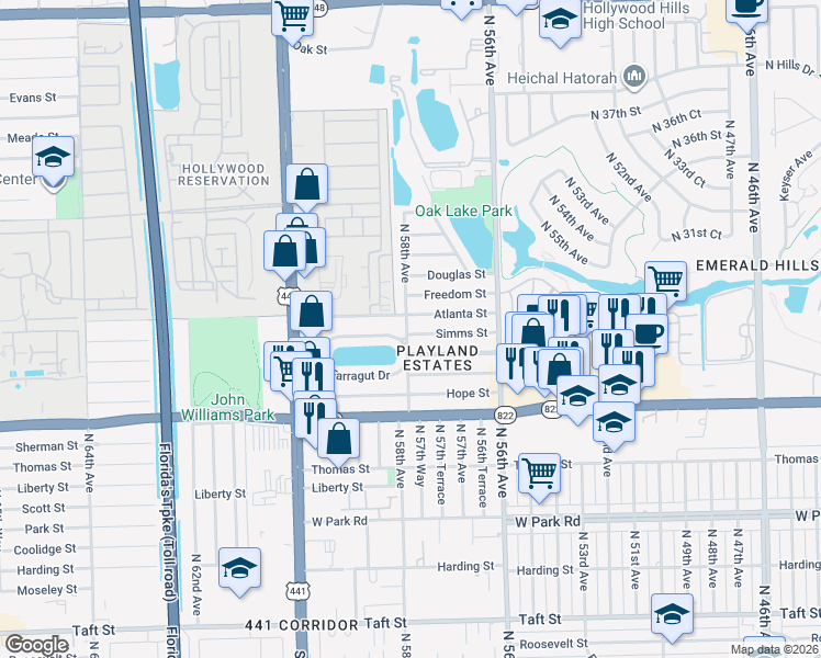 map of restaurants, bars, coffee shops, grocery stores, and more near 5730 Atlanta Street in Hollywood