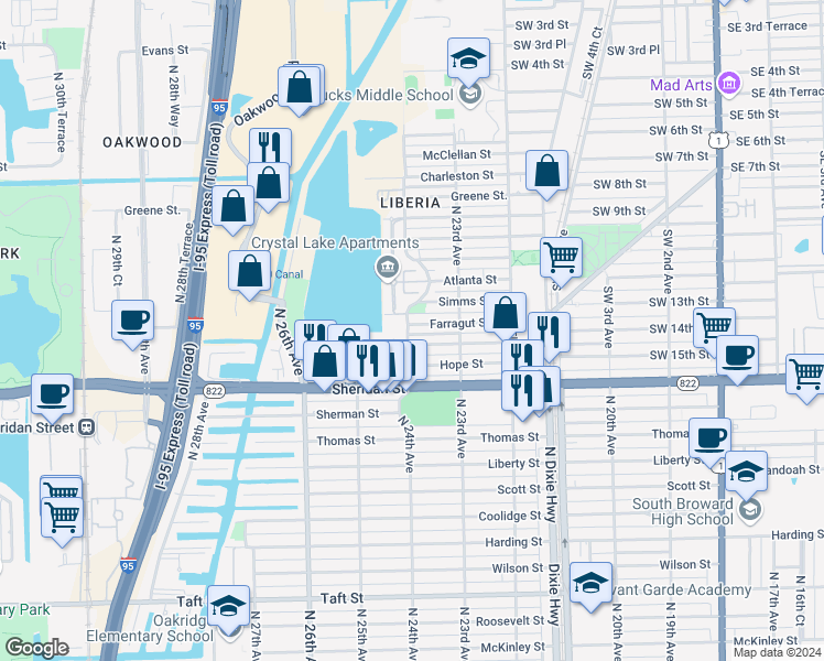 map of restaurants, bars, coffee shops, grocery stores, and more near 2690 North 24th Avenue in Hollywood