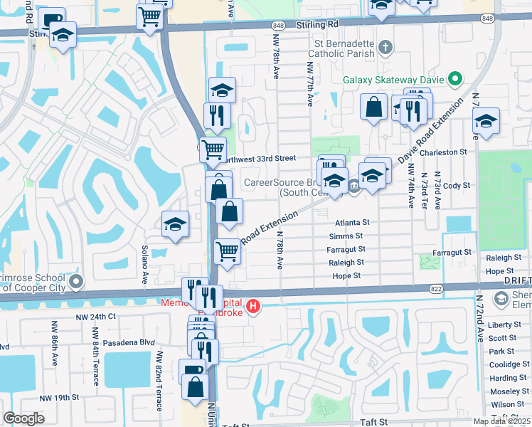map of restaurants, bars, coffee shops, grocery stores, and more near 7832 Davie Road Extension in Hollywood