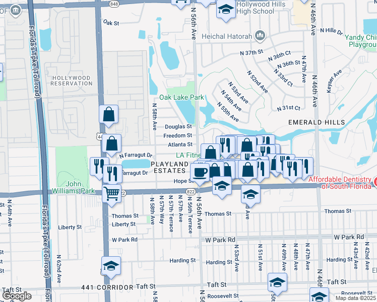 map of restaurants, bars, coffee shops, grocery stores, and more near in Hollywood