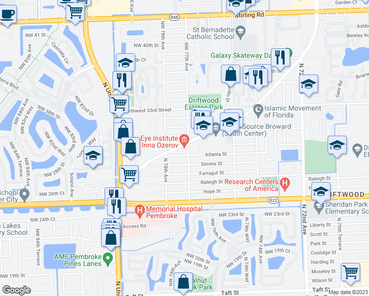 map of restaurants, bars, coffee shops, grocery stores, and more near 7676 Davie Road Extension in Hollywood