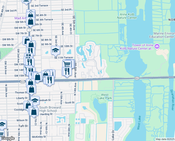 map of restaurants, bars, coffee shops, grocery stores, and more near 619 East Sheridan Street in Dania Beach