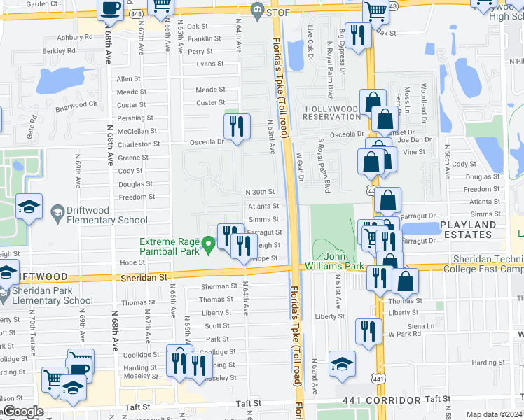 map of restaurants, bars, coffee shops, grocery stores, and more near 6340 Atlanta Street in Hollywood
