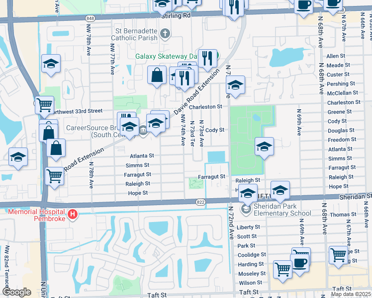 map of restaurants, bars, coffee shops, grocery stores, and more near 2921 Northwest 74th Avenue in Hollywood