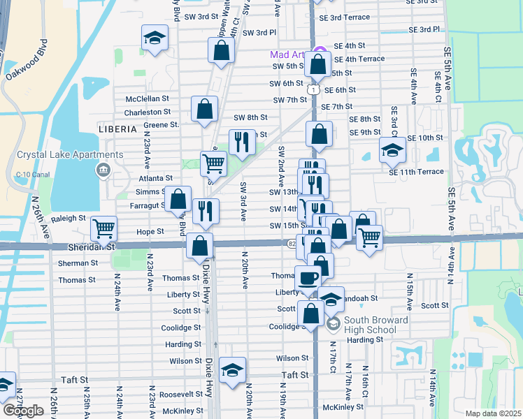 map of restaurants, bars, coffee shops, grocery stores, and more near 236 Southwest 14th Street in Dania Beach