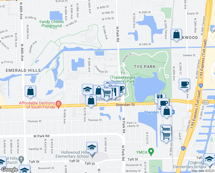 map of restaurants, bars, coffee shops, grocery stores, and more near 3340 Simms Street in Hollywood