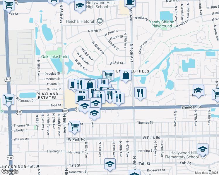 map of restaurants, bars, coffee shops, grocery stores, and more near 7 Foxfire Road in Hollywood