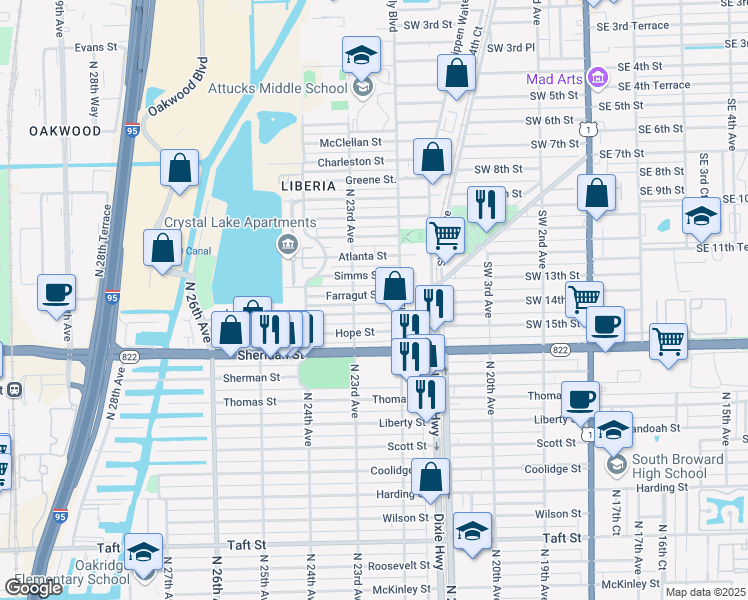 map of restaurants, bars, coffee shops, grocery stores, and more near 2234 Farragut Street in Hollywood