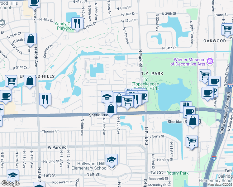 map of restaurants, bars, coffee shops, grocery stores, and more near 3500 Simms Street in Hollywood