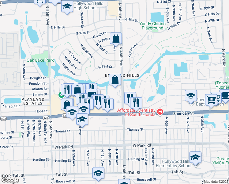 map of restaurants, bars, coffee shops, grocery stores, and more near 2800 North 46th Avenue in Hollywood