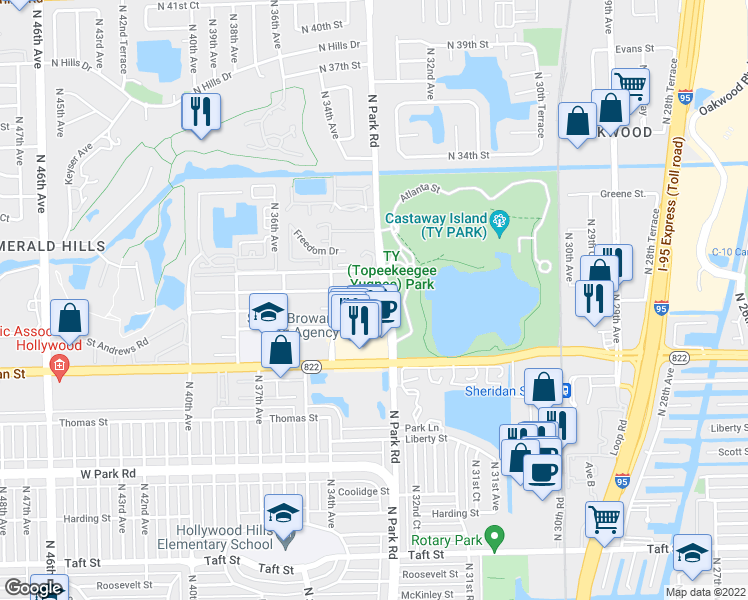 map of restaurants, bars, coffee shops, grocery stores, and more near 3301 Farragut Street in Hollywood