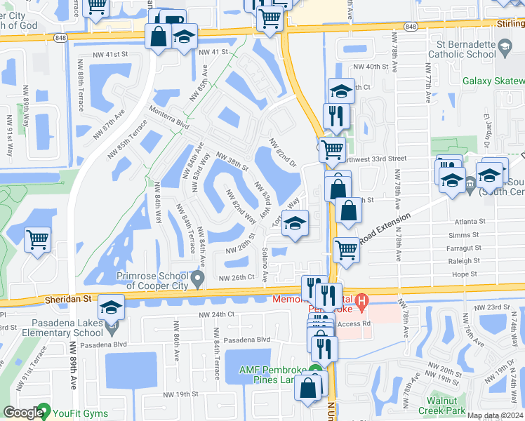 map of restaurants, bars, coffee shops, grocery stores, and more near 3034 Northwest 82nd Terrace in Pembroke Pines