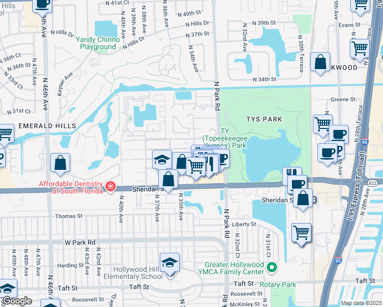 map of restaurants, bars, coffee shops, grocery stores, and more near 3340 Simms Street in Hollywood