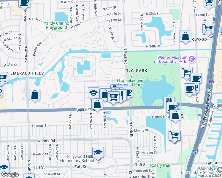 map of restaurants, bars, coffee shops, grocery stores, and more near 3340 Simms Street in Hollywood