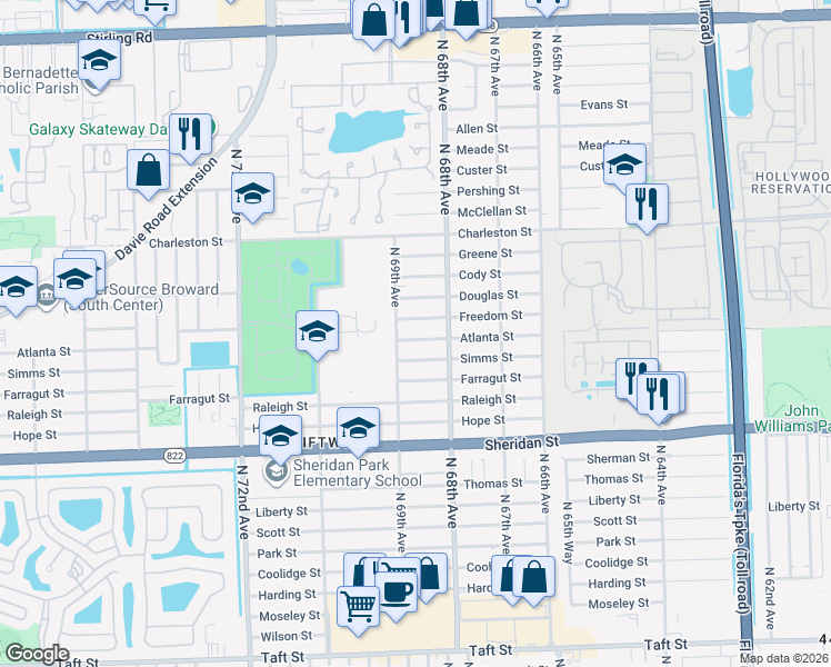 map of restaurants, bars, coffee shops, grocery stores, and more near 6861 Atlanta Street in Hollywood