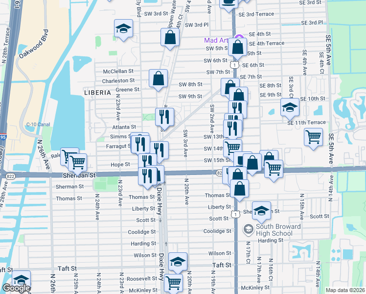 map of restaurants, bars, coffee shops, grocery stores, and more near 1380 Southwest 3rd Avenue in Dania Beach