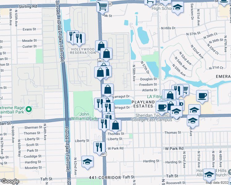map of restaurants, bars, coffee shops, grocery stores, and more near 5920 Atlanta Street in Hollywood