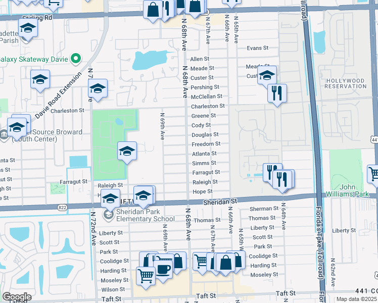 map of restaurants, bars, coffee shops, grocery stores, and more near 6791 Atlanta Street in Hollywood