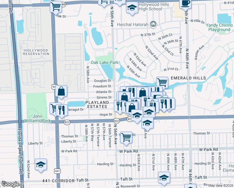 map of restaurants, bars, coffee shops, grocery stores, and more near in Hollywood