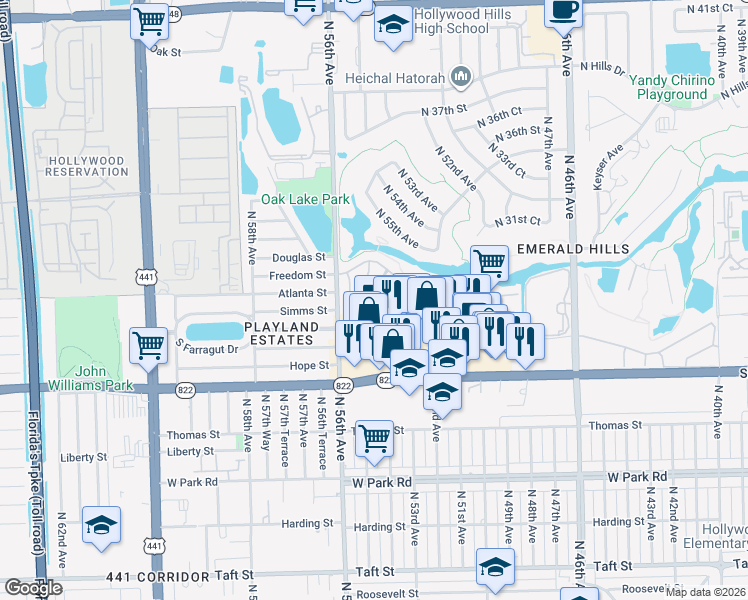 map of restaurants, bars, coffee shops, grocery stores, and more near 102 Kensington Rd in Hollywood