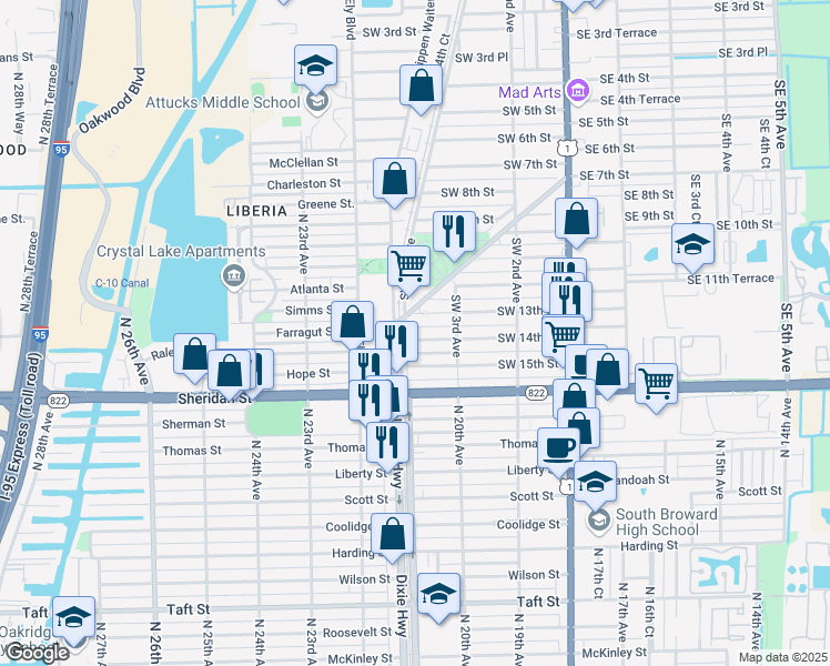 map of restaurants, bars, coffee shops, grocery stores, and more near 334 Southwest 14th Street in Dania Beach