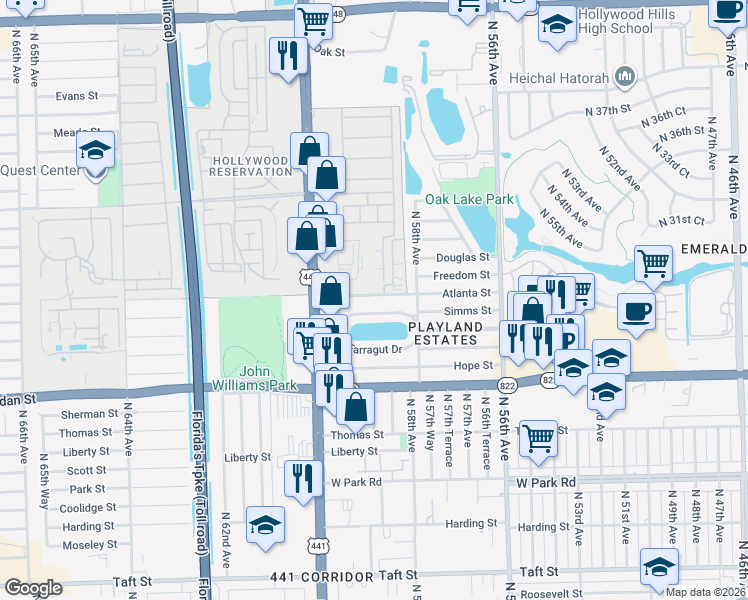 map of restaurants, bars, coffee shops, grocery stores, and more near 5914 Atlanta Street in Hollywood