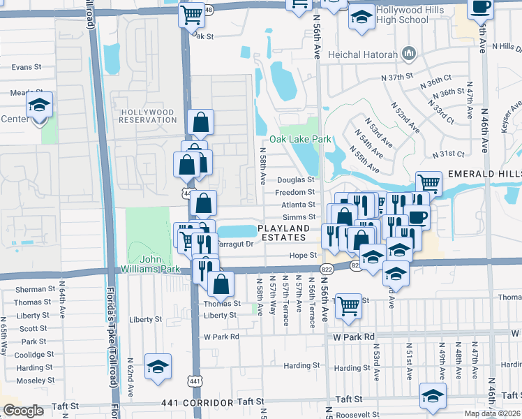 map of restaurants, bars, coffee shops, grocery stores, and more near 5730 Atlanta Street in Hollywood