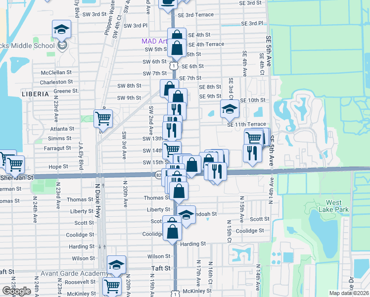 map of restaurants, bars, coffee shops, grocery stores, and more near 36 Southeast 13th Terrace in Dania Beach