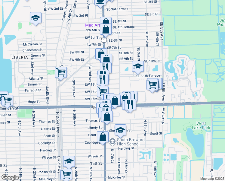 map of restaurants, bars, coffee shops, grocery stores, and more near 36 Southeast 13th Terrace in Dania Beach