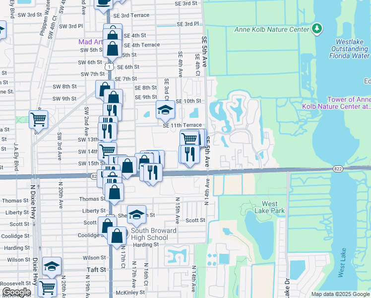 map of restaurants, bars, coffee shops, grocery stores, and more near 361 Sheridan Street in Dania Beach