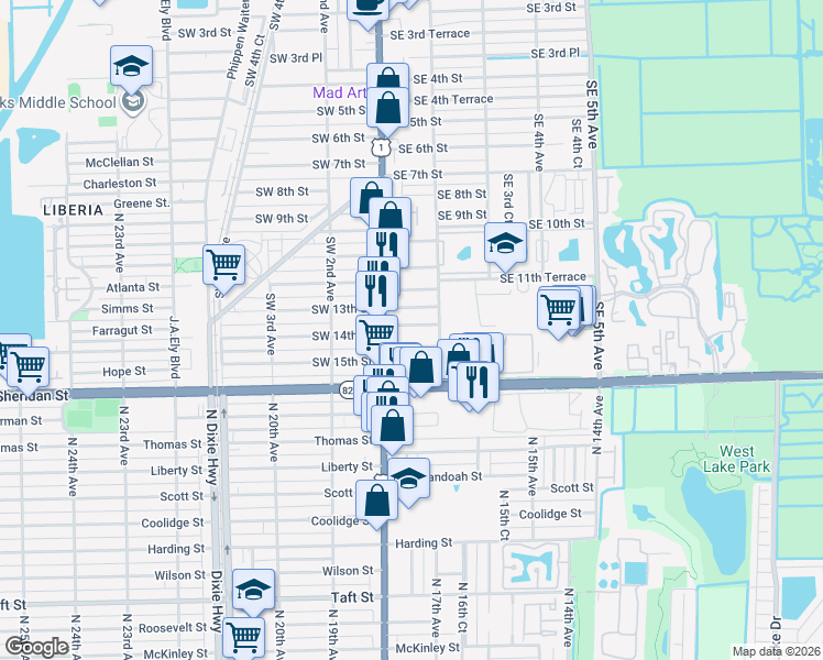 map of restaurants, bars, coffee shops, grocery stores, and more near 36 Southeast 13th Terrace in Dania Beach