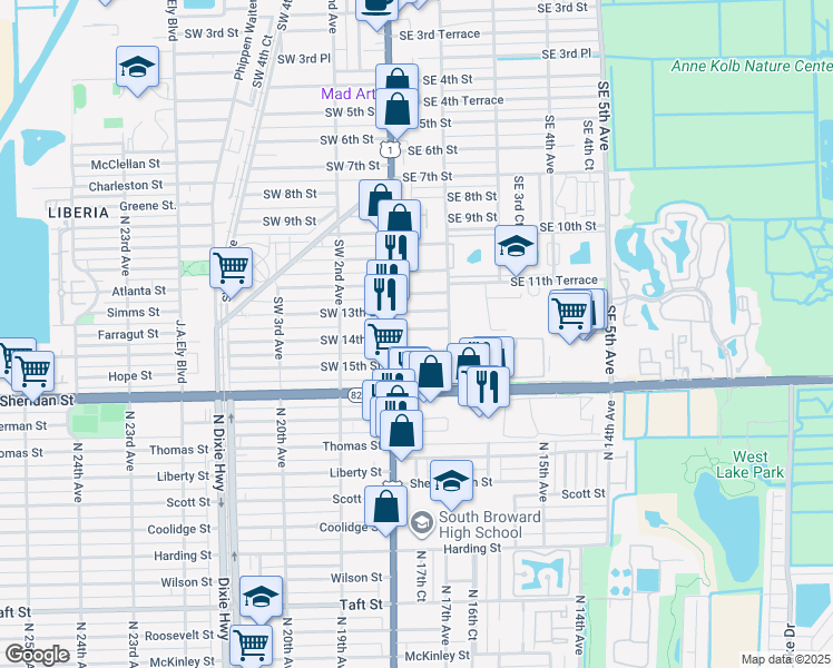 map of restaurants, bars, coffee shops, grocery stores, and more near 36 Southeast 13th Terrace in Dania Beach