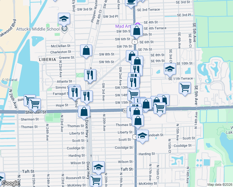 map of restaurants, bars, coffee shops, grocery stores, and more near 236 Southwest 14th Street in Dania Beach