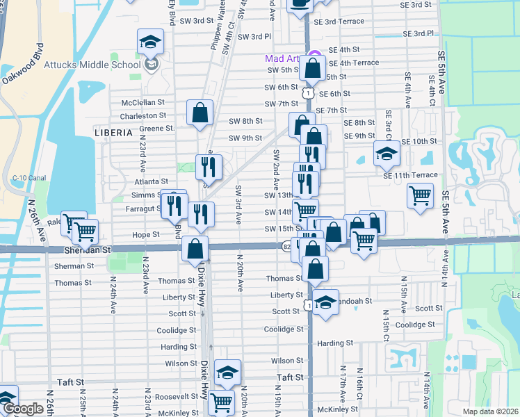 map of restaurants, bars, coffee shops, grocery stores, and more near 236 Southwest 14th Street in Dania Beach