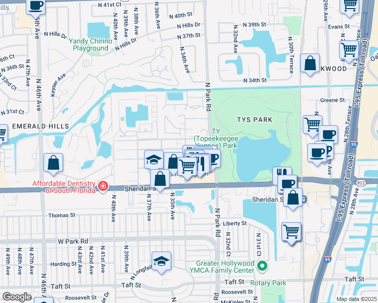 map of restaurants, bars, coffee shops, grocery stores, and more near 3340 Simms Street in Hollywood