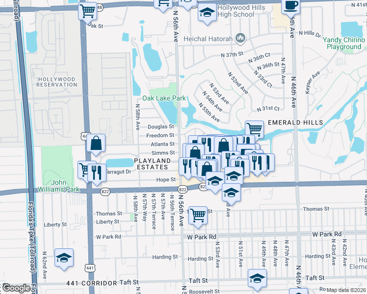 map of restaurants, bars, coffee shops, grocery stores, and more near in Hollywood