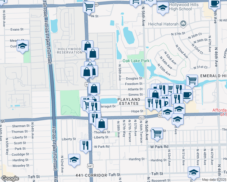 map of restaurants, bars, coffee shops, grocery stores, and more near 5820 Atlanta Street in Hollywood