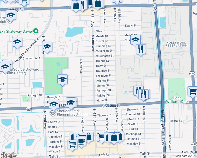 map of restaurants, bars, coffee shops, grocery stores, and more near 6791 Atlanta Street in Hollywood