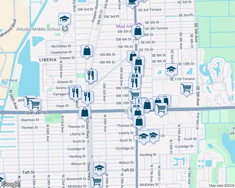 map of restaurants, bars, coffee shops, grocery stores, and more near 236 Southwest 14th Street in Dania Beach