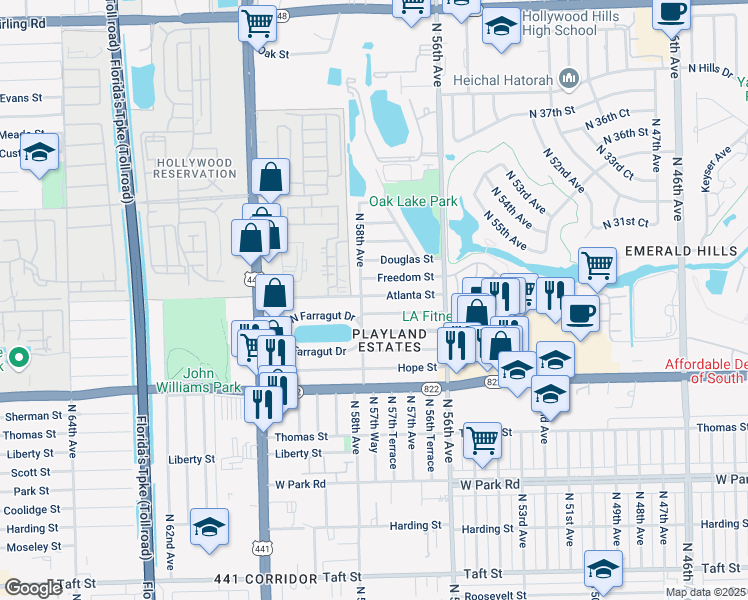 map of restaurants, bars, coffee shops, grocery stores, and more near 5730 Atlanta Street in Hollywood