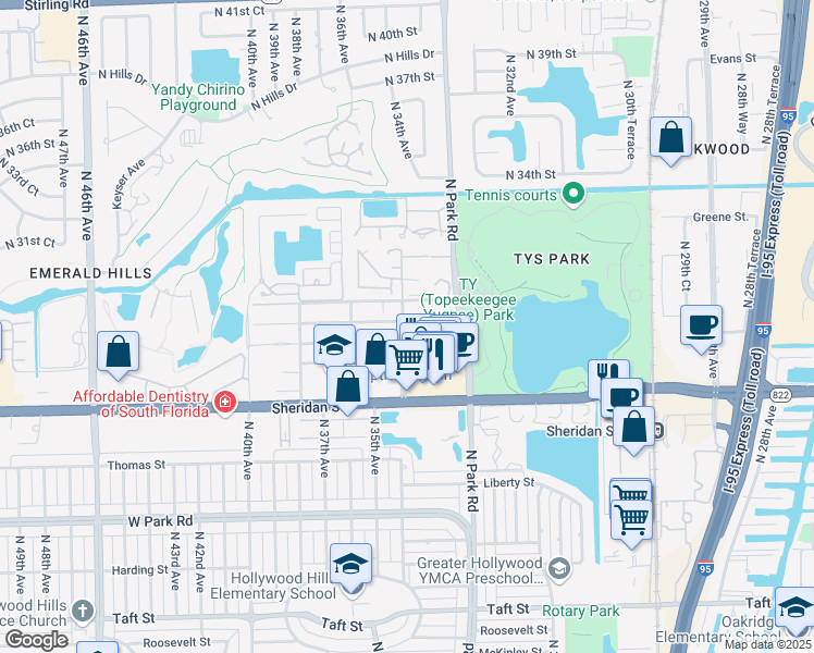 map of restaurants, bars, coffee shops, grocery stores, and more near 3340 Simms Street in Hollywood