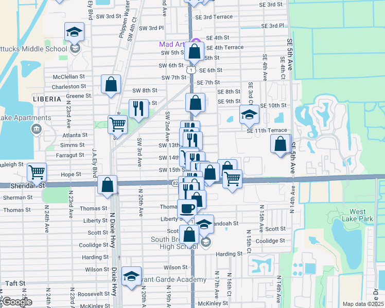map of restaurants, bars, coffee shops, grocery stores, and more near in Dania Beach